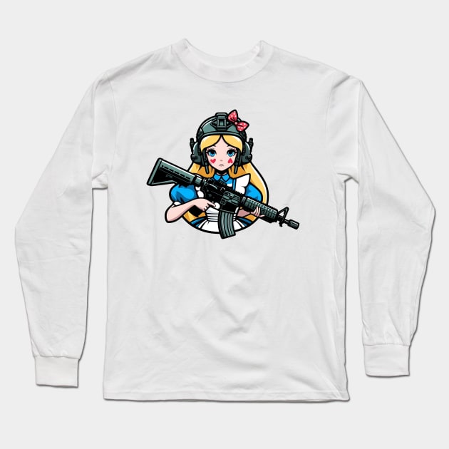 Tactical Wonderland Odyssey Tee: A Unique Twist on Alice's Journey Long Sleeve T-Shirt by Rawlifegraphic